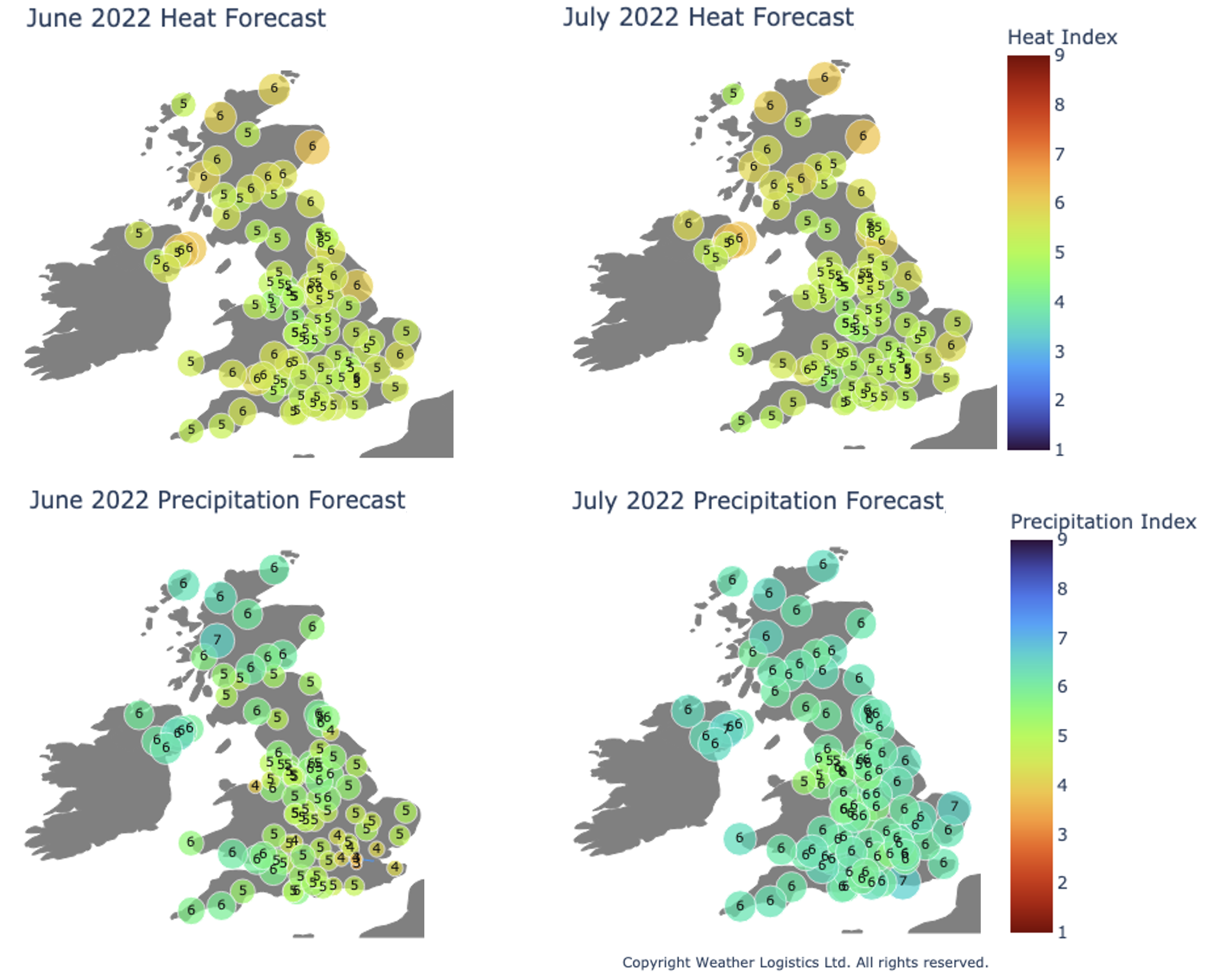 Extreme precipitation and heat advisories issued by Weather Logistics Ltd (1 = least extreme, 9 = most extreme), valid May 2022.